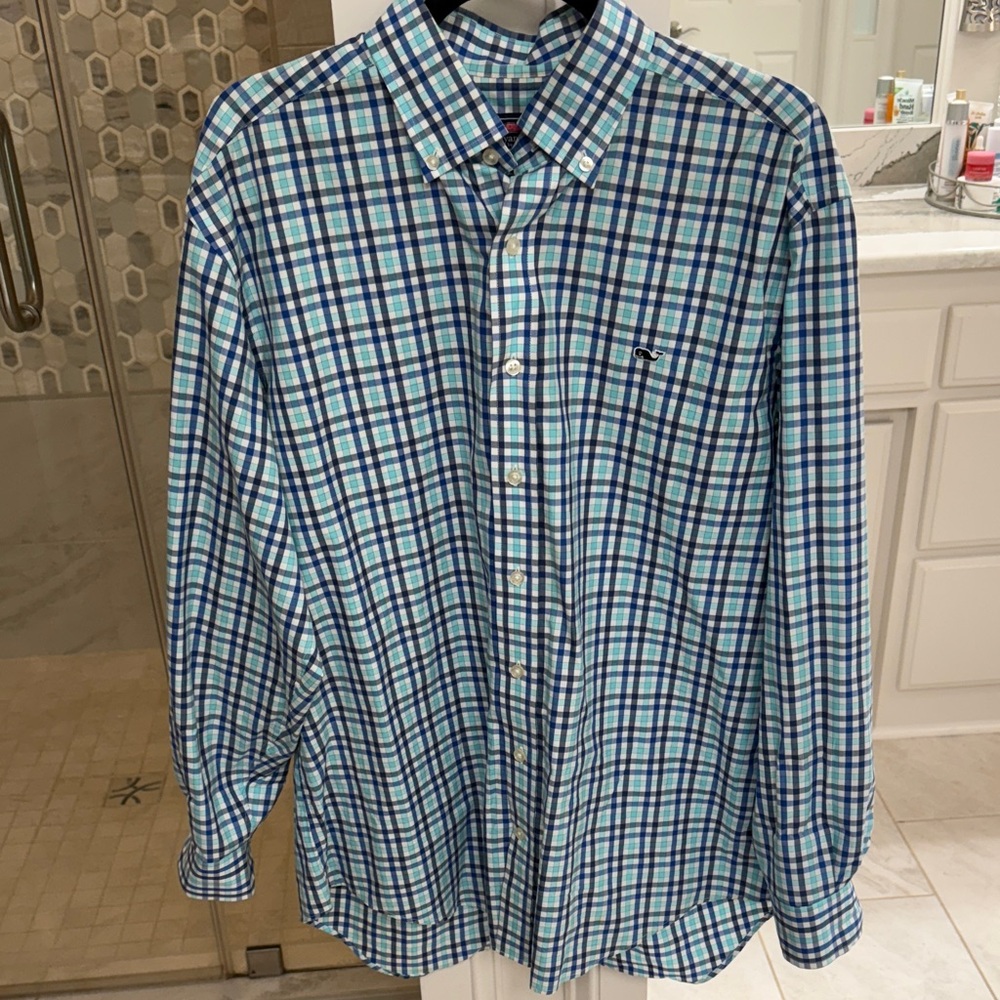 Vineyard Vines Large Navy, Royal and Aqua Blue Plaid Shirt